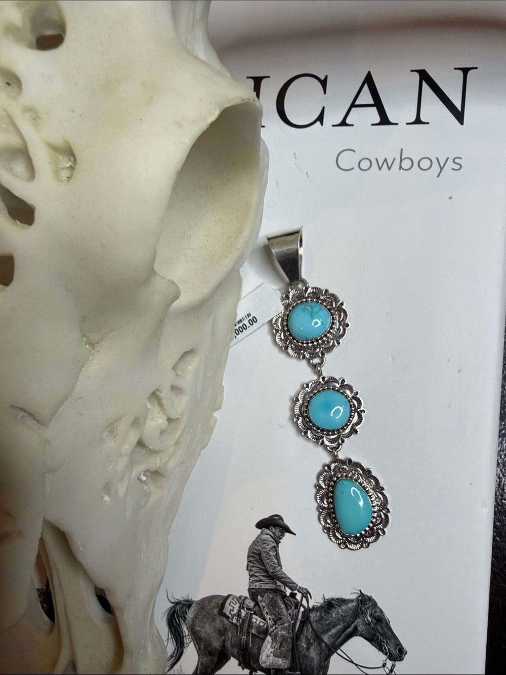 Three Stone Dangle Pendant Lone Mountain Turquoise Stamp Eula Wylie - 9.25 SS